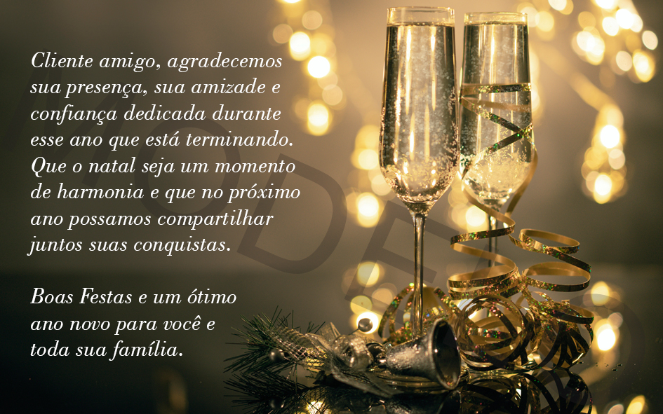 Cliente amigo, agradecemos sua presença, sua amizade e confiança dedicada durante esse ano que está terminando.

Que o natal seja um momento de harmonia e que no próximo ano possamos compartilhar juntos suas conquistas.

Boas Festas e um ótimo ano novo para...