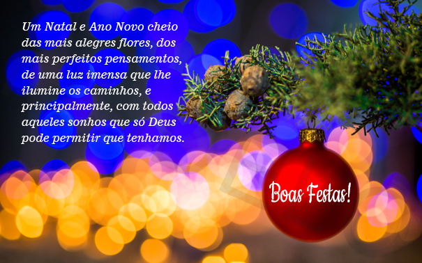 Um Natal e Ano Novo cheio das mais alegres flores, dos mais perfeitos pensamentos, de uma luz imensa que lhe ilumine os caminhos, e principalmente, com todos aqueles sonhos que só Deus pode permitir que tenhamos.

Boas Festas!
