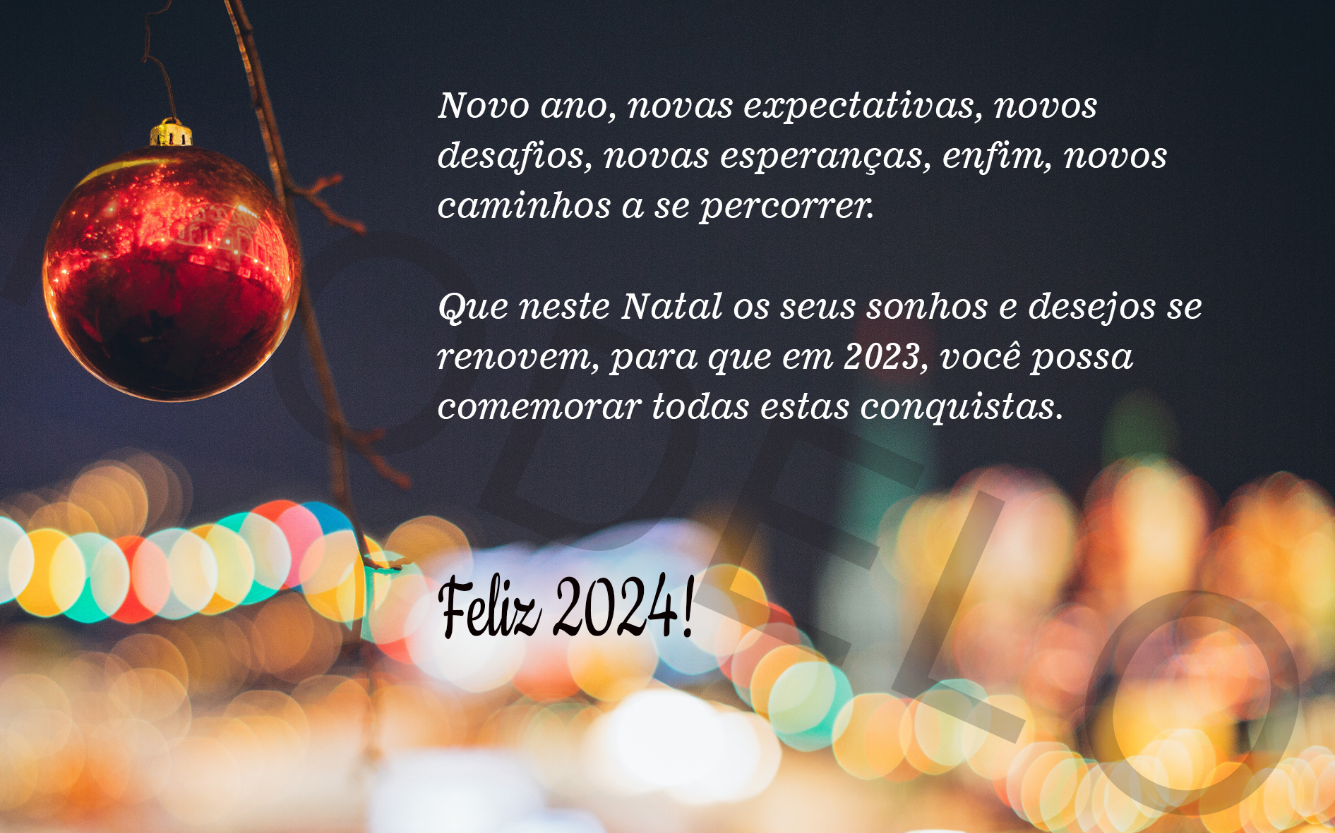 Novo ano, novas expectativas, novos desafios, novas esperanças, enfim, novos caminhos a se percorrer.

Que neste Natal os seus sonhos e desejos se renovem, para que em 2024, você possa comemorar todas estas conquistas.

Feliz 2024!
