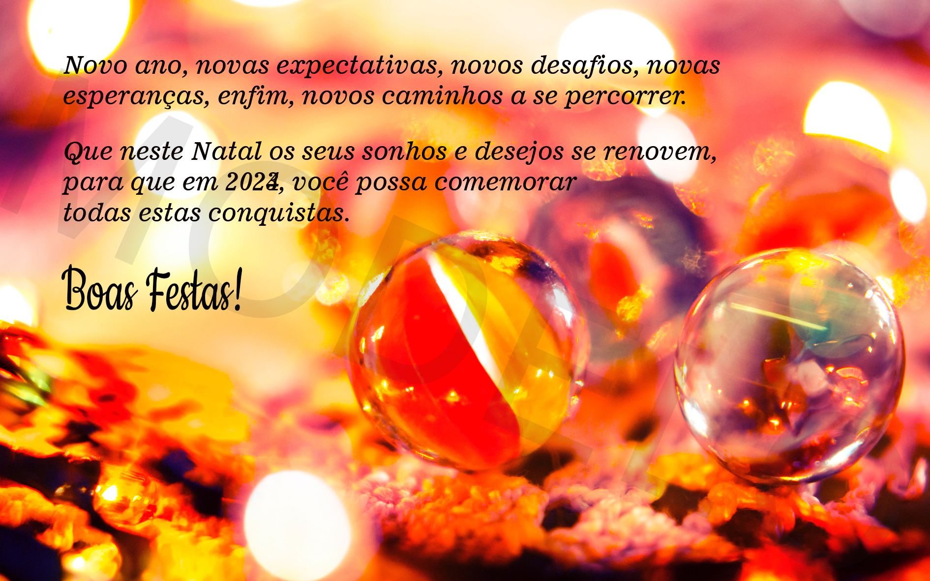 Novo ano, novas expectativas, novos desafios, novas esperanças, enfim, novos caminhos a se percorrer.

Que neste Natal os seus sonhos e desejos se renovem, para que em 2024, você possa comemorar todas estas conquistas.

Boas Festas!
