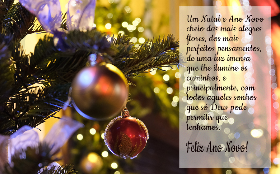 Um Natal e Ano Novo cheio das mais alegres flores, dos mais perfeitos pensamentos, de uma luz imensa que lhe ilumine os caminhos, e principalmente, com todos aqueles sonhos que só Deus pode permitir que tenhamos.

Feliz Ano Novo!
